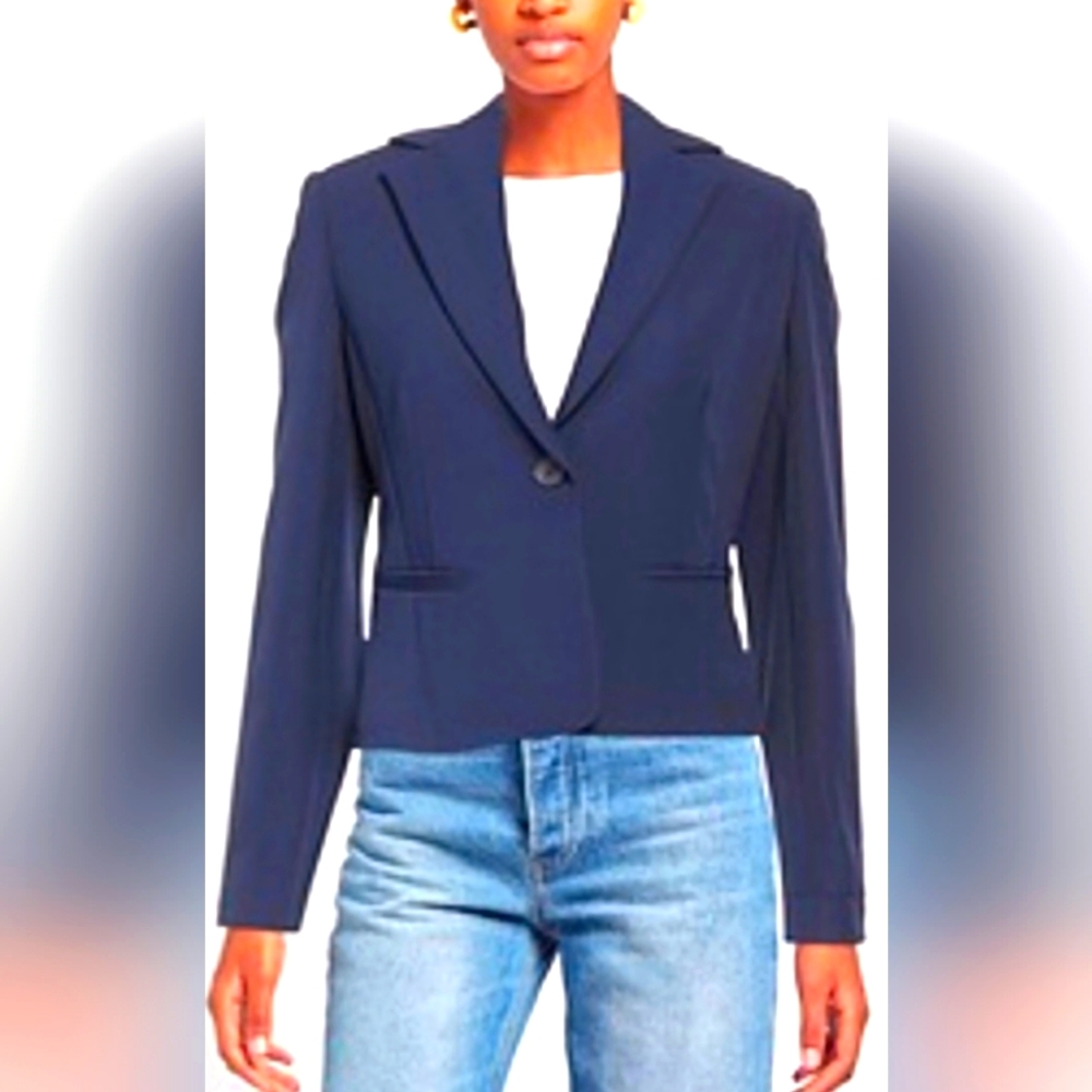 JCP Women's Fitted Stretch Rayon Blazer Lined Office Style Navy SP